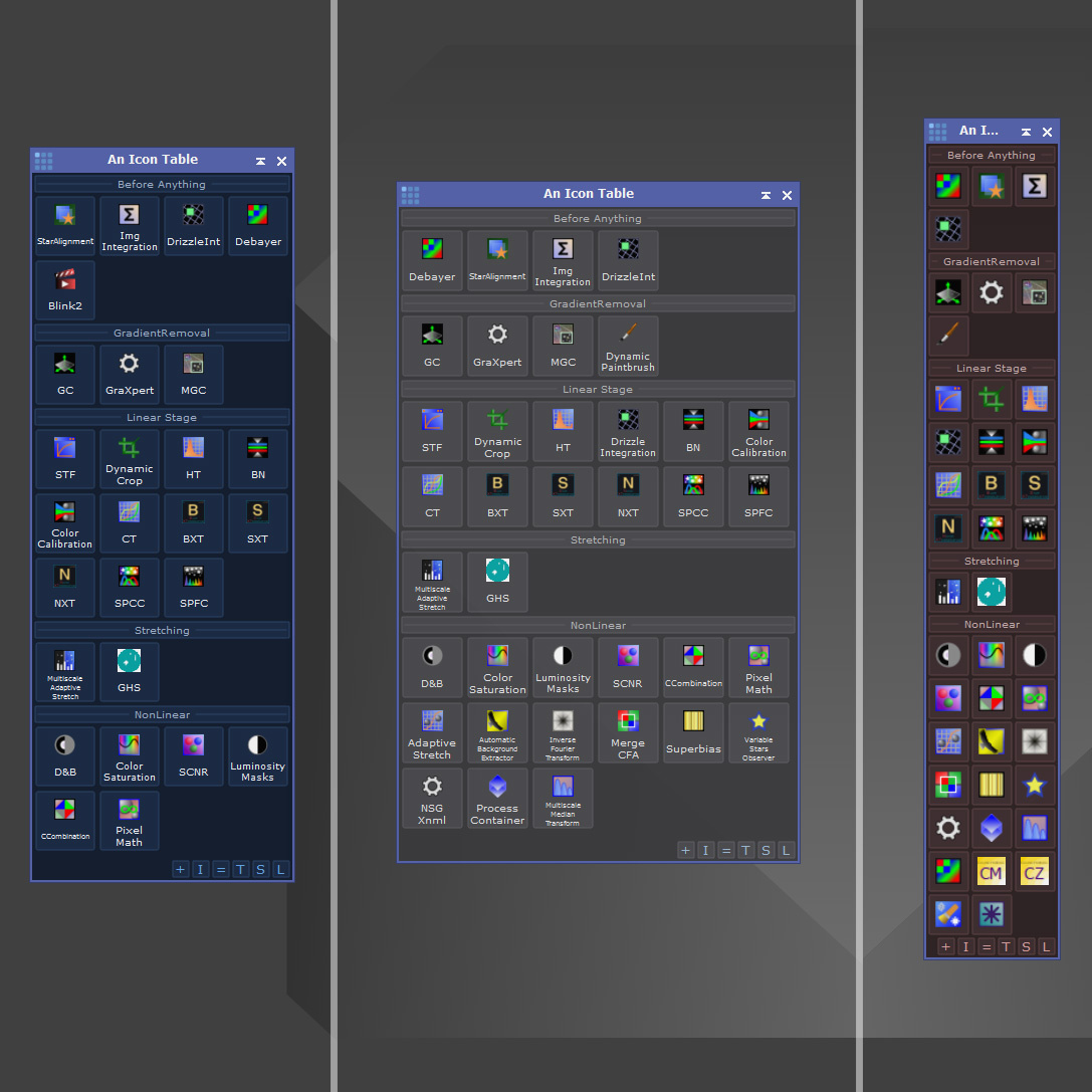An Icon Table PixInsight process module interface showing a customizable grid of process launcher icons