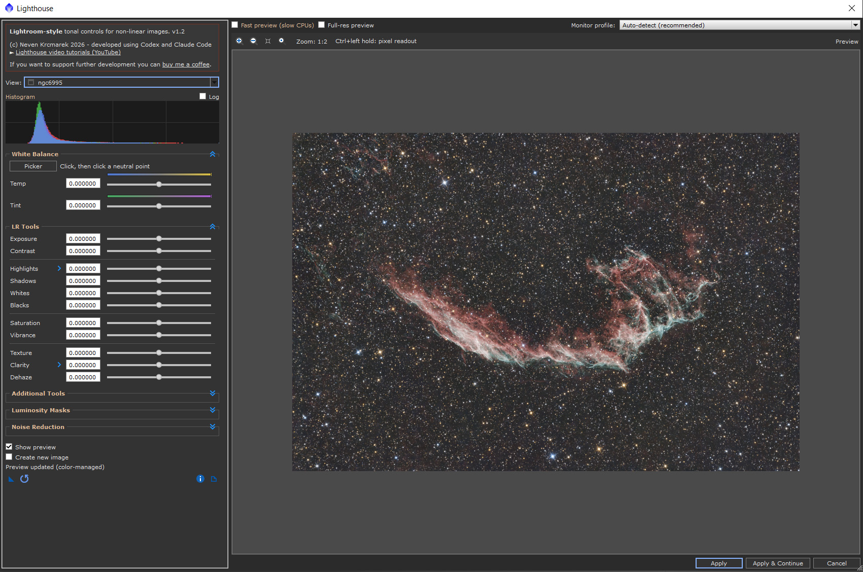 Lighthouse PixInsight script interface with Lightroom-style controls and image preview