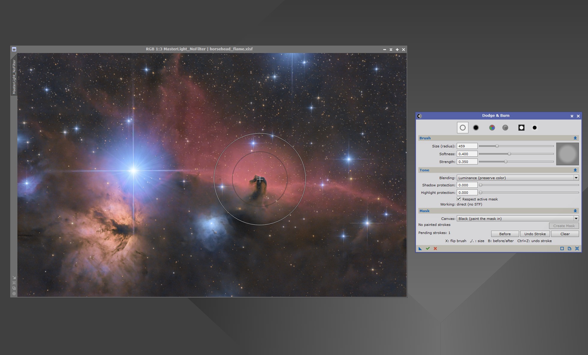 Dodge and Burn PixInsight process module interface with brush controls for local tonal and chromatic adjustments
