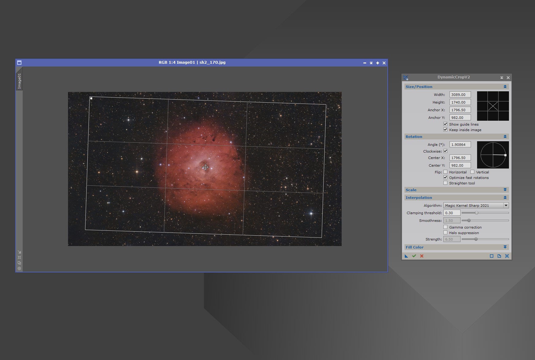 DynamicCropV2 PixInsight process module interface for cropping, rotating, resizing, and flipping images