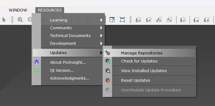 PixInsight menu path: Resources, Updates, Manage Repositories