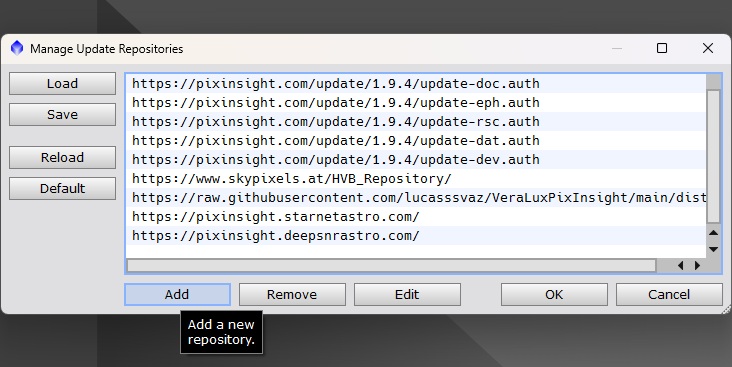 Manage Update Repositories window showing the Add button
