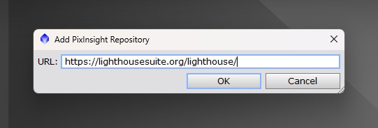 Add PixInsight Repository dialog with the Lighthouse URL pasted