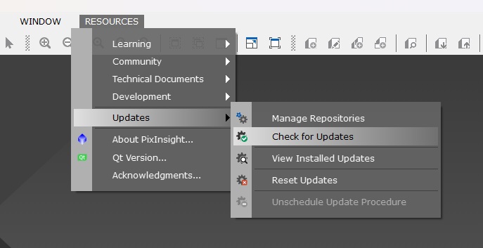 PixInsight Check for Updates menu and restart reminder