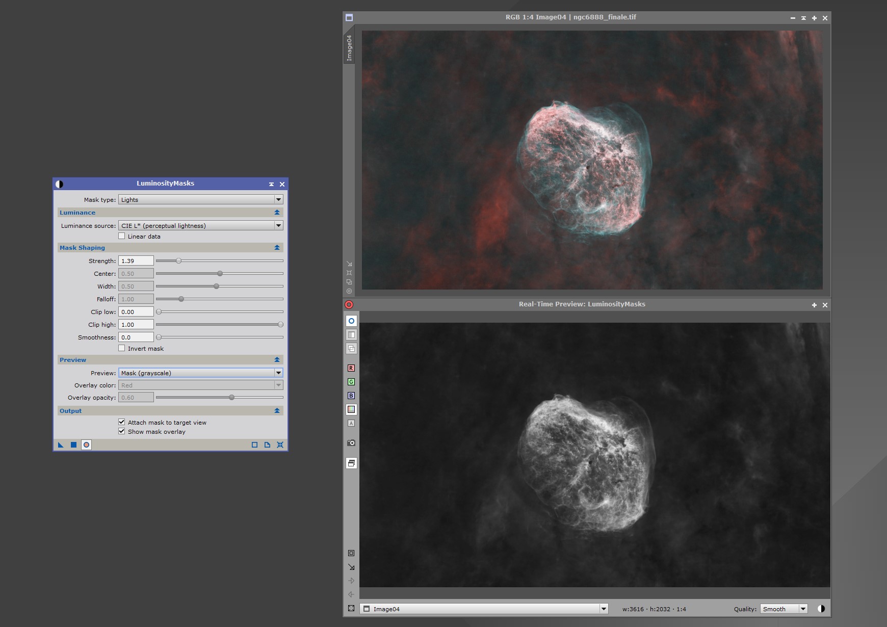 LuminosityMasks PixInsight process module with mask shaping controls and a real-time grayscale mask preview