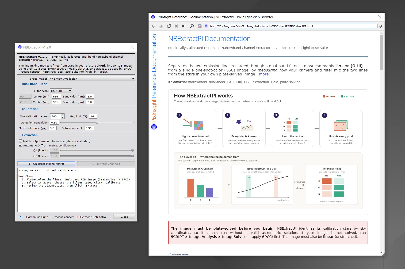 NB Extract PixInsight script interface with filter selection, calibration options, and channel extraction controls
