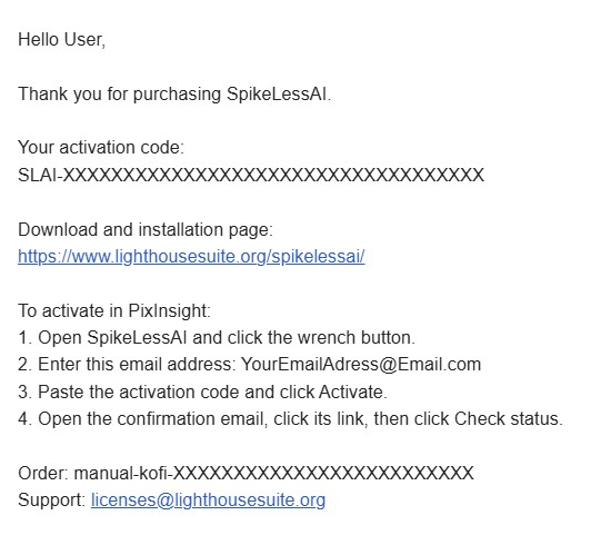 Purchase confirmation email containing the SpikelessAI activation code