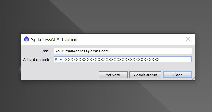 SpikelessAI activation window with email and activation code fields