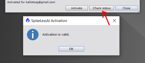 SpikelessAI activation window showing a valid activation status